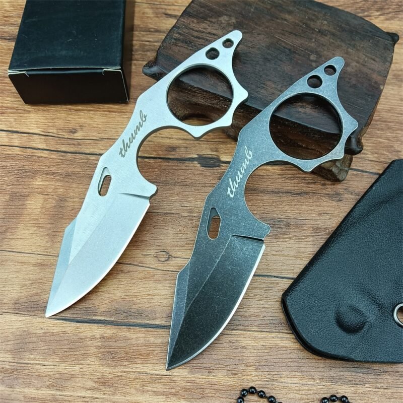 5/ MINI EDC Full Tang Neck Knife 9cr18 Stone Washing Stainless Steel Tactical Fixed Blade Compact Knife with Chained Sheath