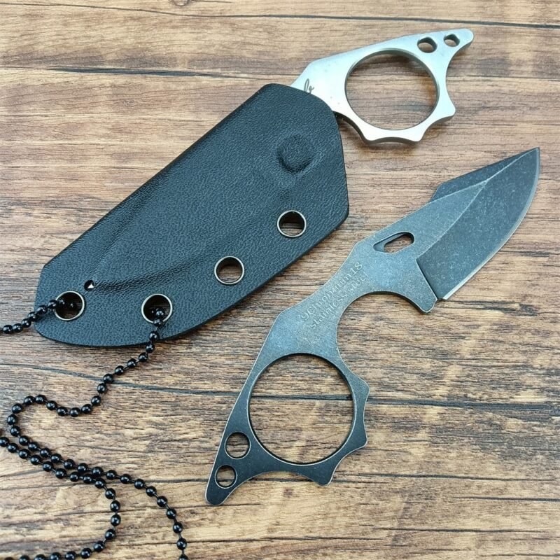 5/ MINI EDC Full Tang Neck Knife 9cr18 Stone Washing Stainless Steel Tactical Fixed Blade Compact Knife with Chained Sheath