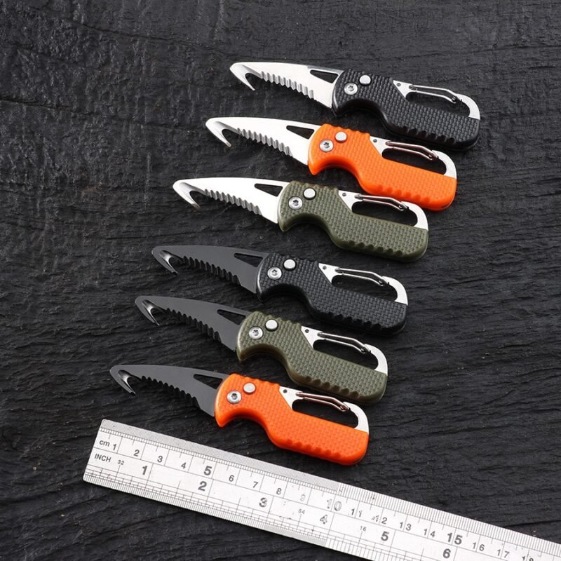 Outdoor Camping Portable Folding Knife Multifunctional Serrated Hook Knife Stainless Keychain Survival Cutter Tool Box Opener